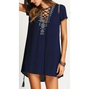 dark blue shift boho dress